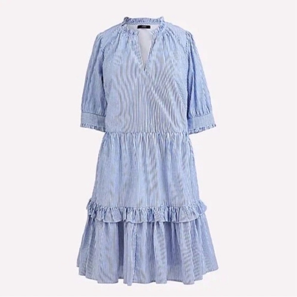 J. Crew Blue and White Striped Ruffle Dress
